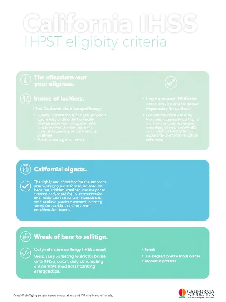 A clear and concise infographic outlining the IHSS eligibility requirements in California, provided by Arex Care LLC.