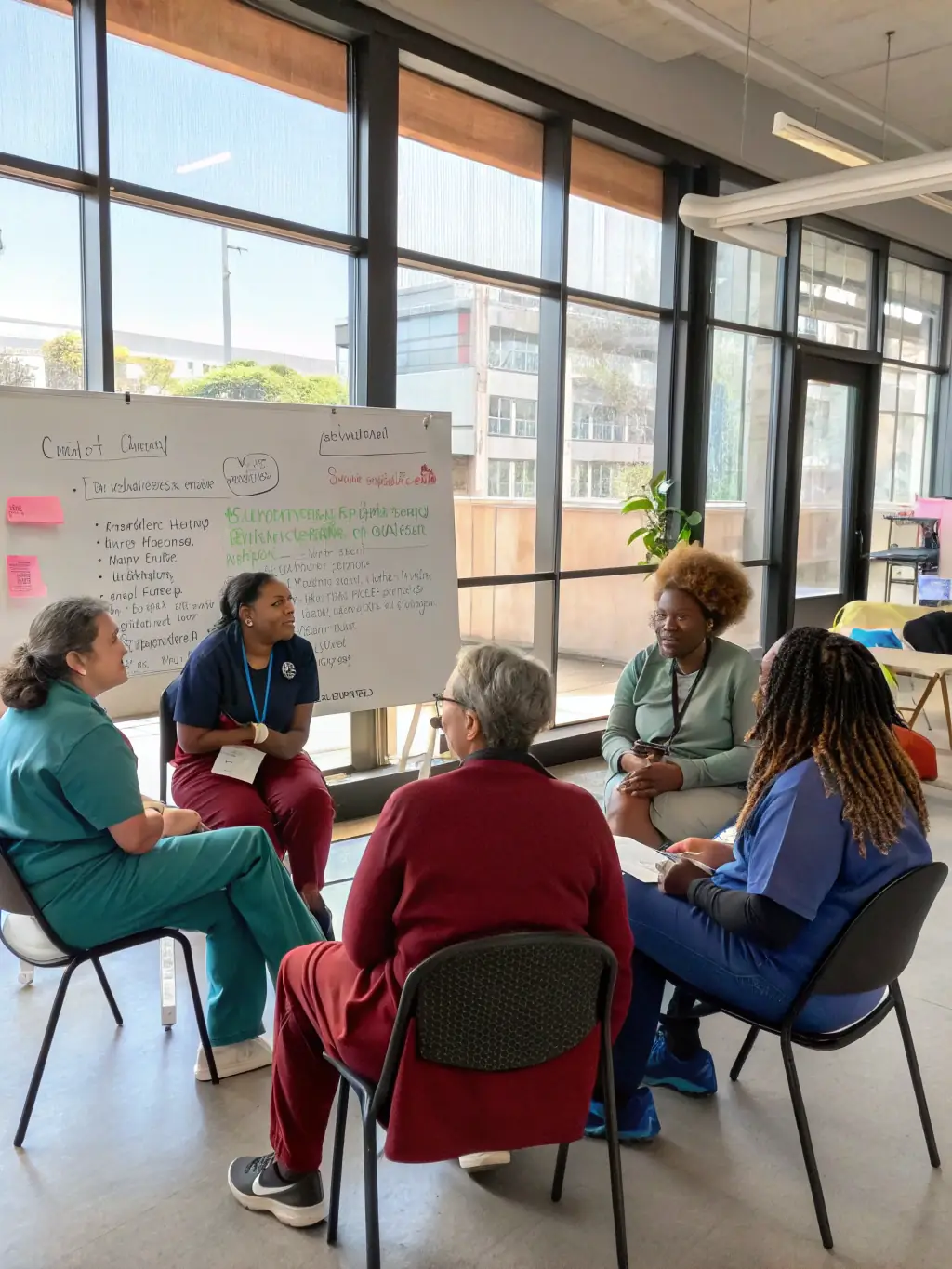 A diverse group of Arex Care LLC caregivers participating in a training session, demonstrating ongoing support and education.