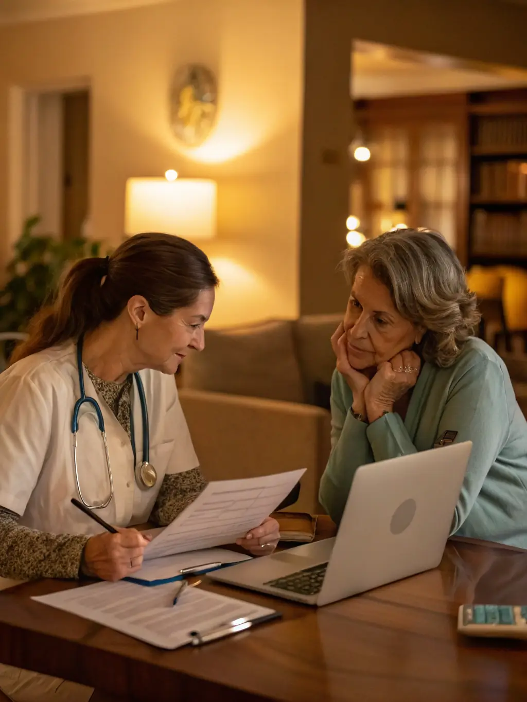 A supportive Arex Care LLC staff member explaining the IHSS program benefits to a caregiver, emphasizing the financial and emotional support.