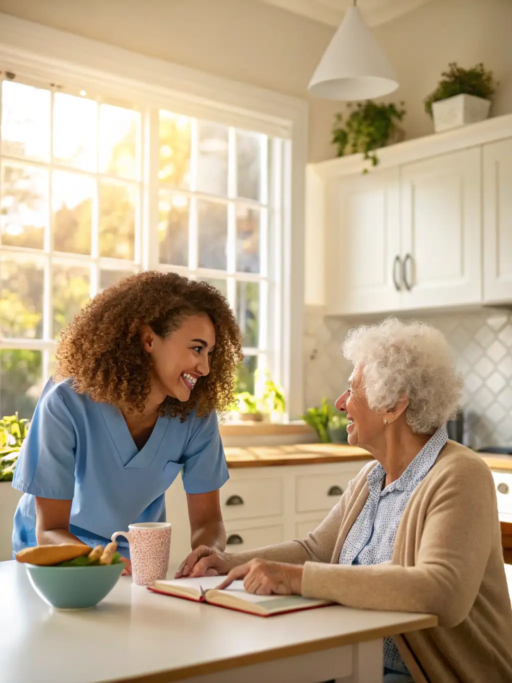 A friendly Arex Care LLC representative assisting a family with IHSS paperwork at their kitchen table, showcasing personalized support.