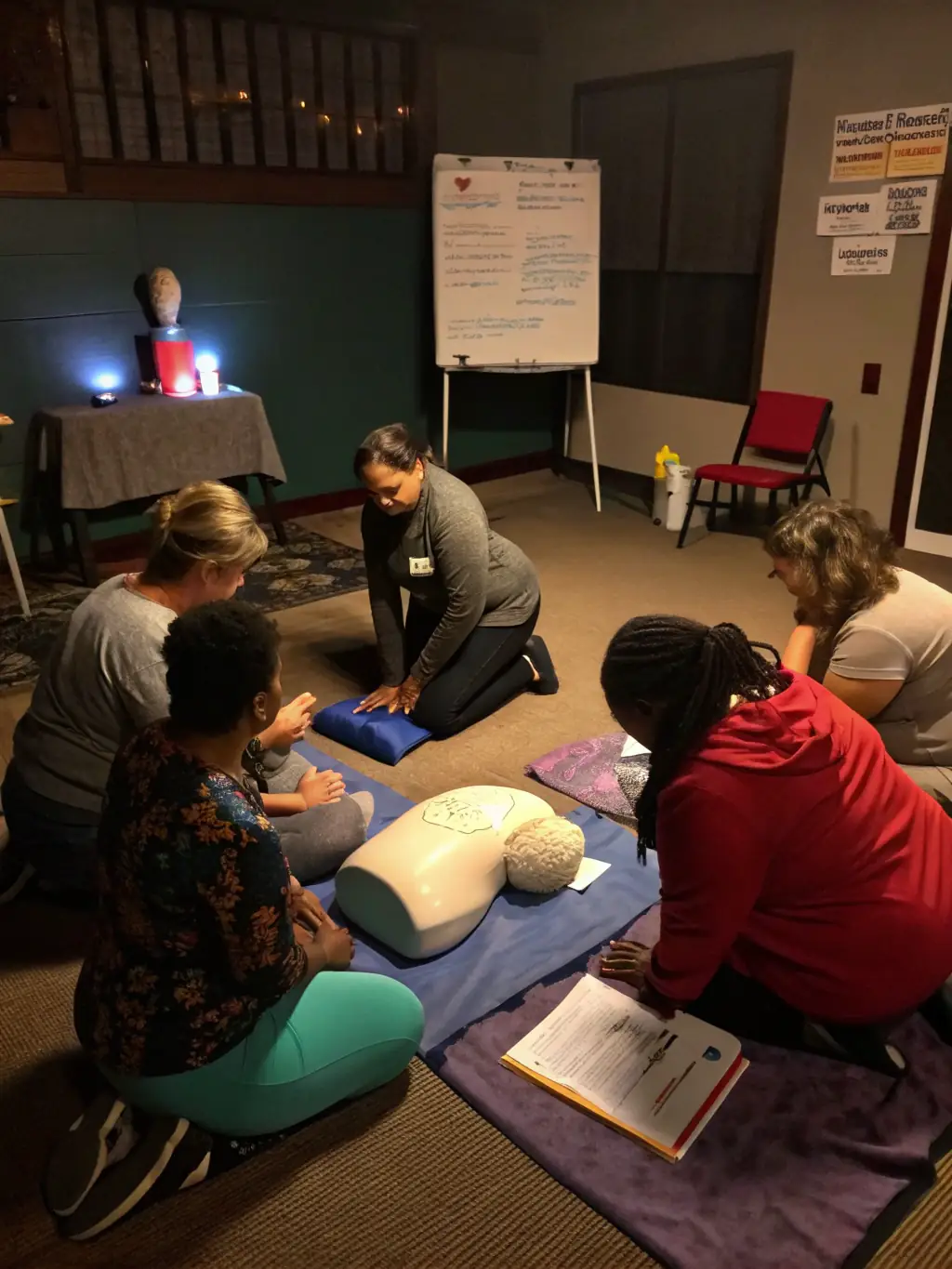 A caregiver receiving training and support from a professional, with educational materials on a table, showcasing Arex Care's ongoing caregiver support.