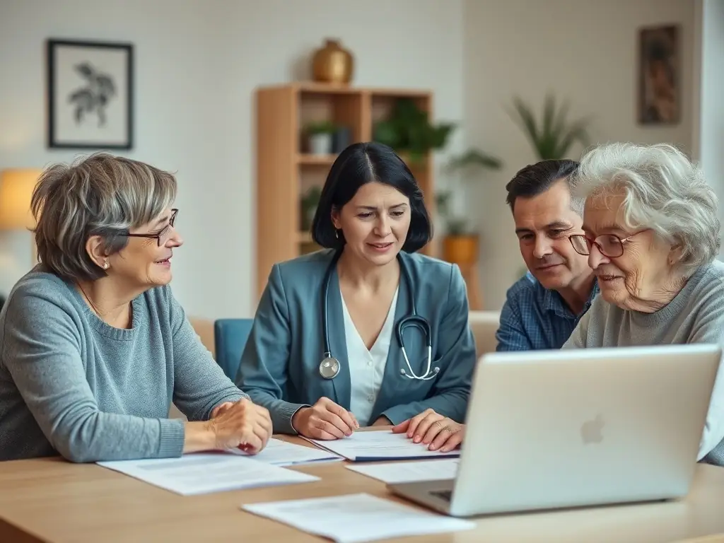 A warm and supportive Arex Care representative is helping a family complete their IHSS enrollment forms at their home, ensuring accuracy and understanding.