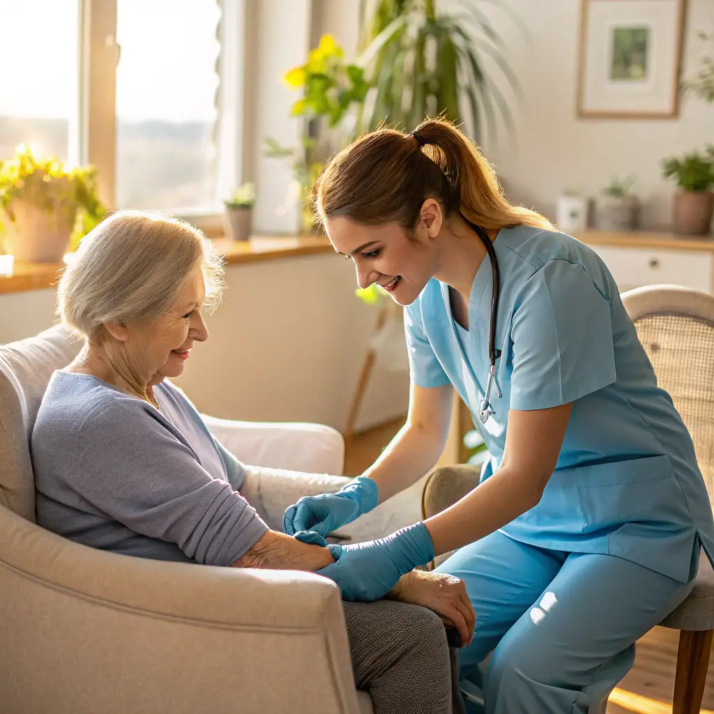 A caregiver assisting a person recovering from surgery in their home, showcasing Arex Care's support for individuals needing post-operative care.