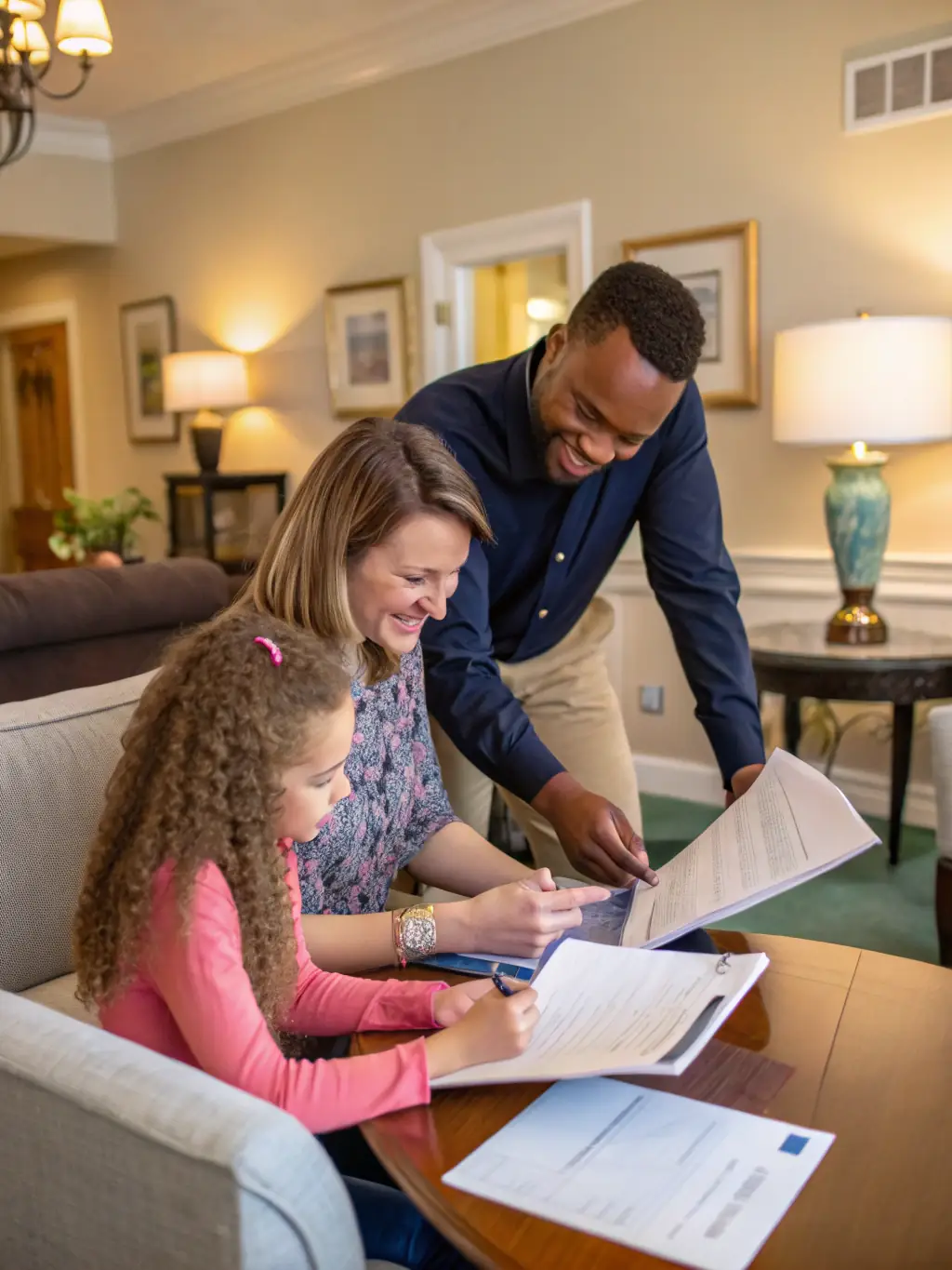 A friendly caregiver assisting a family with paperwork at a desk, smiling and providing guidance, representing Arex Care's IHSS enrollment assistance.