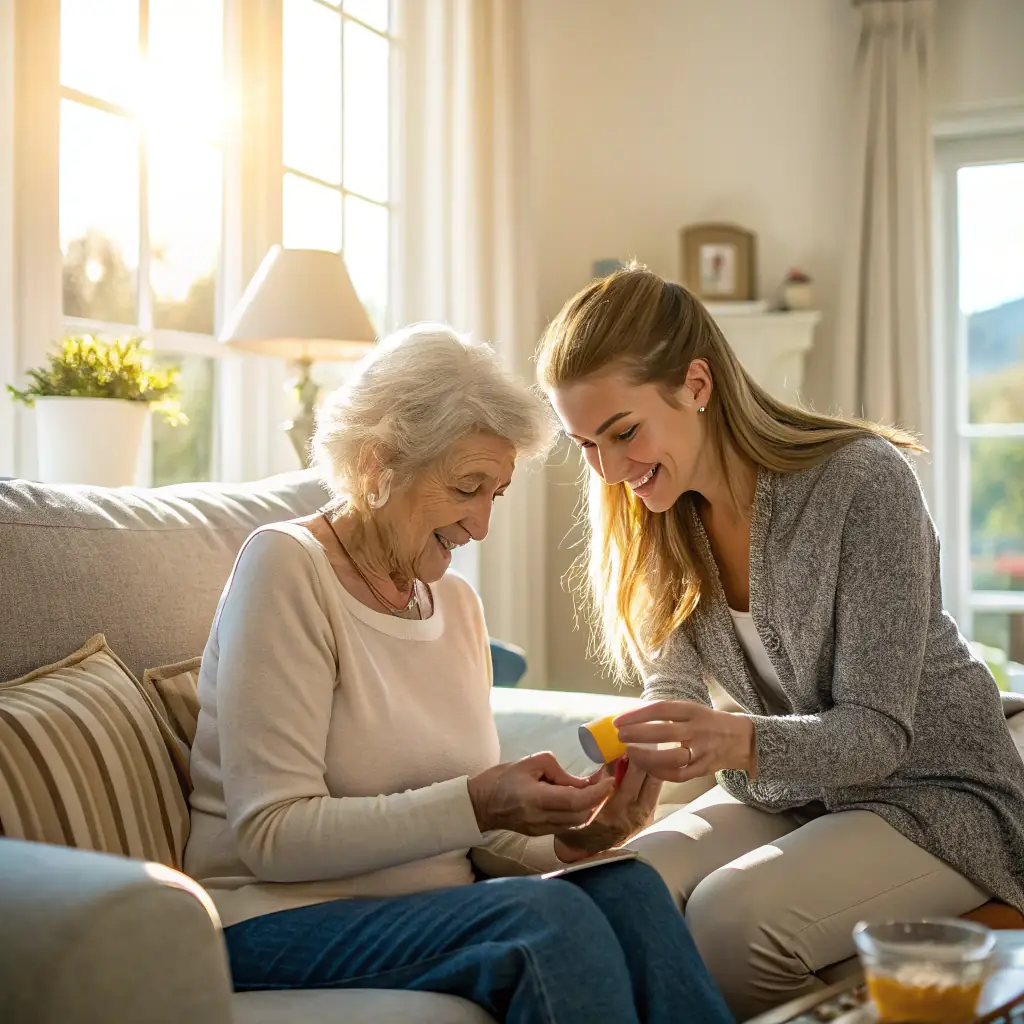 A loving daughter assisting her elderly mother with medication in a cozy living room, showcasing the support Arex Care provides for seniors needing assistance with daily tasks.