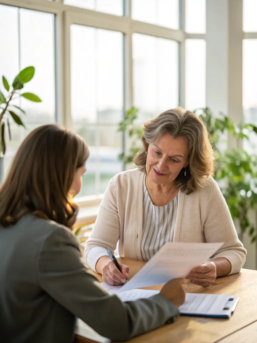 A friendly Arex Care LLC representative assisting a family with their Medi-Cal application forms at a table, showcasing personalized support.