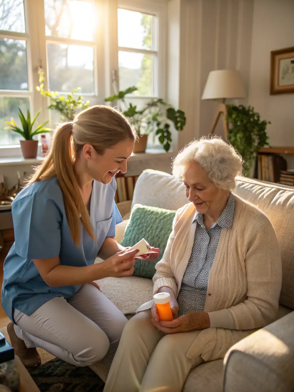 An Arex Care LLC caregiver providing compassionate care to a senior in their home, emphasizing the benefits of Medi-Cal coverage.